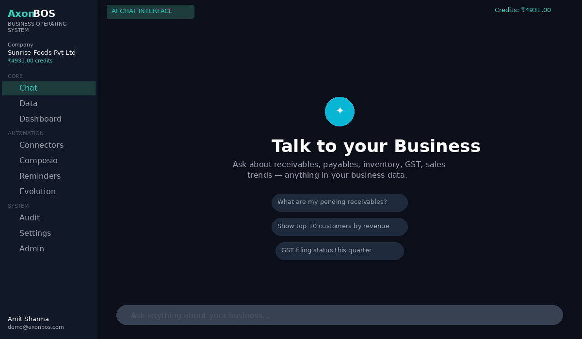 AxonBOS app walkthrough — AI chat, data explorer, dashboard, connectors, and YesBOS Secretary